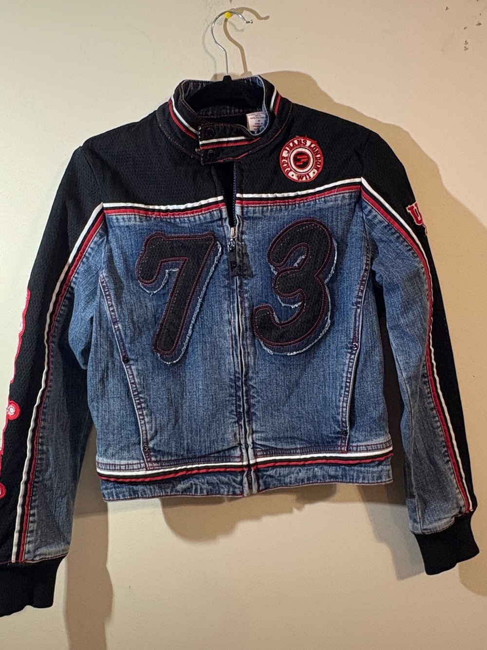 Pepe Jeans Blue Denim Black Bomber Jacket Red White Stripe London Medium vintage